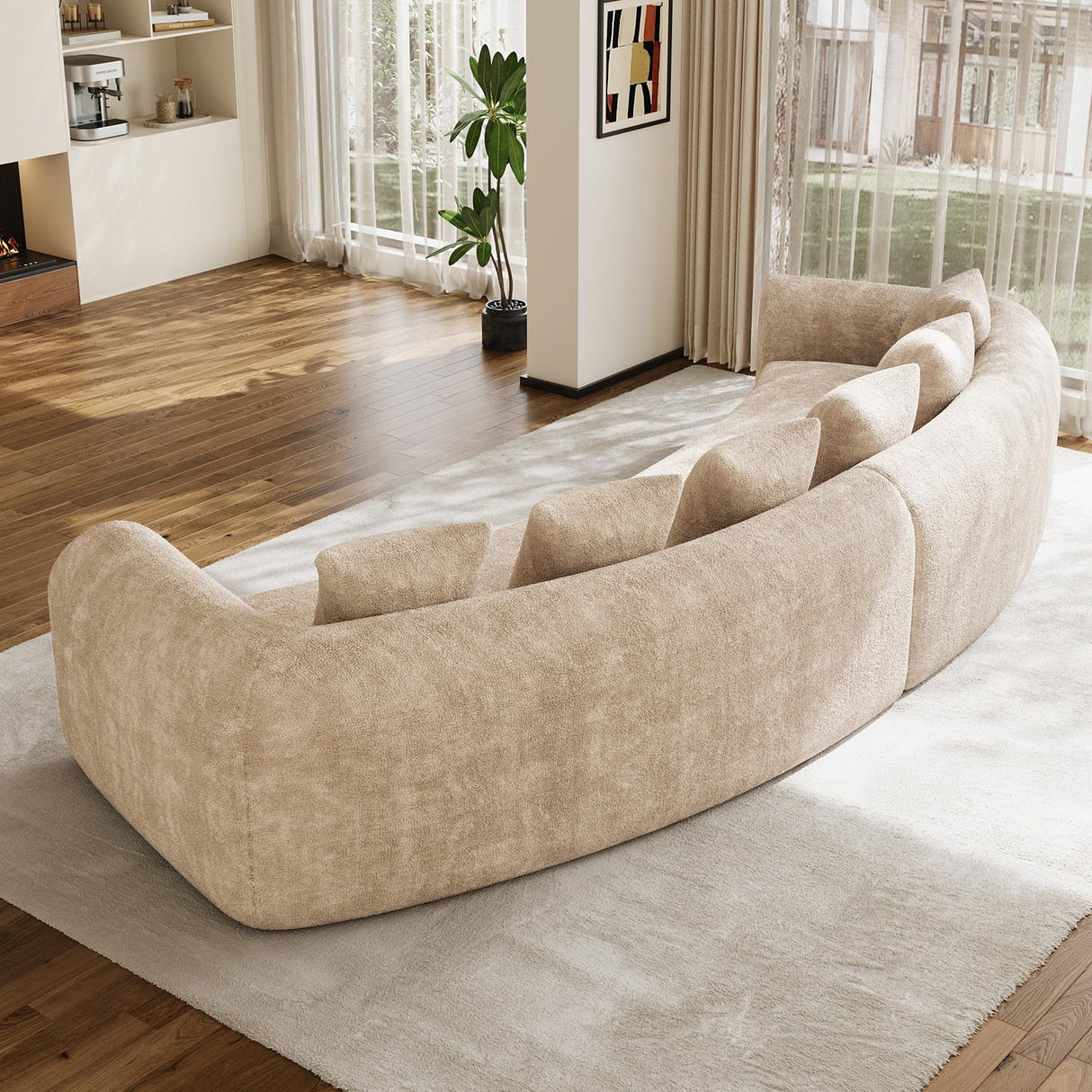 157" Oversized Curved Cloud Couch Sectional Sofa, Luxury Chenille Sofa with Extra Deep & Wide Seat, Modern Curved Couch for Living Room with 6 Throw Pillows, No Assembly Needed Brown OUYESSIR