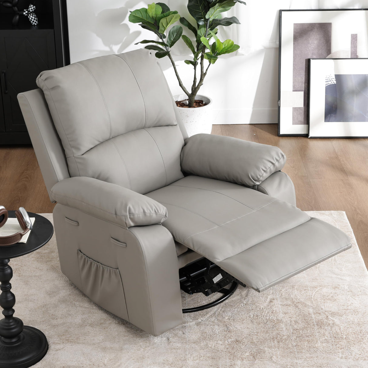 zzlay 360° Swivel Rocking Leather Recliner Chair for Adults, Overstuffed Manual Recliner with Spring Cushion, Glider Rocking Nursery Single Sofa with Side Pockets for Living Room, Beige zzlay