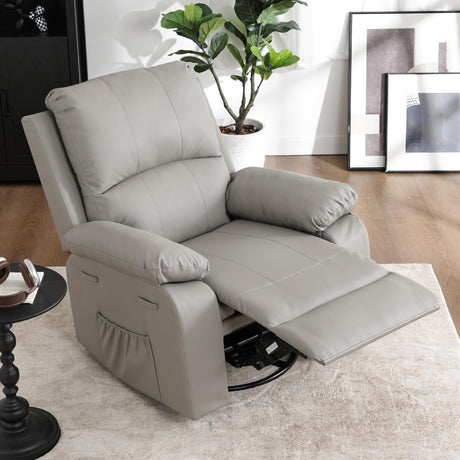 zzlay 360° Swivel Rocking Leather Recliner Chair for Adults, Overstuffed Manual Recliner with Spring Cushion, Glider Rocking Nursery Single Sofa with Side Pockets for Living Room, Beige zzlay