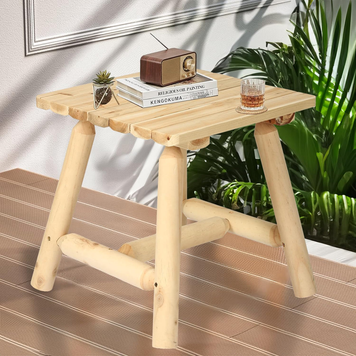 HOMEDIARY Wooden Adirondack Log Side Table, Cedar Wood Outdoor Square End Table w/Slatted Tabletop, Oversize 19.5” Indoor Outdoor Patio Side Coffee Table for Garden Patio Backyard Porch, Natural HOMEDIARY