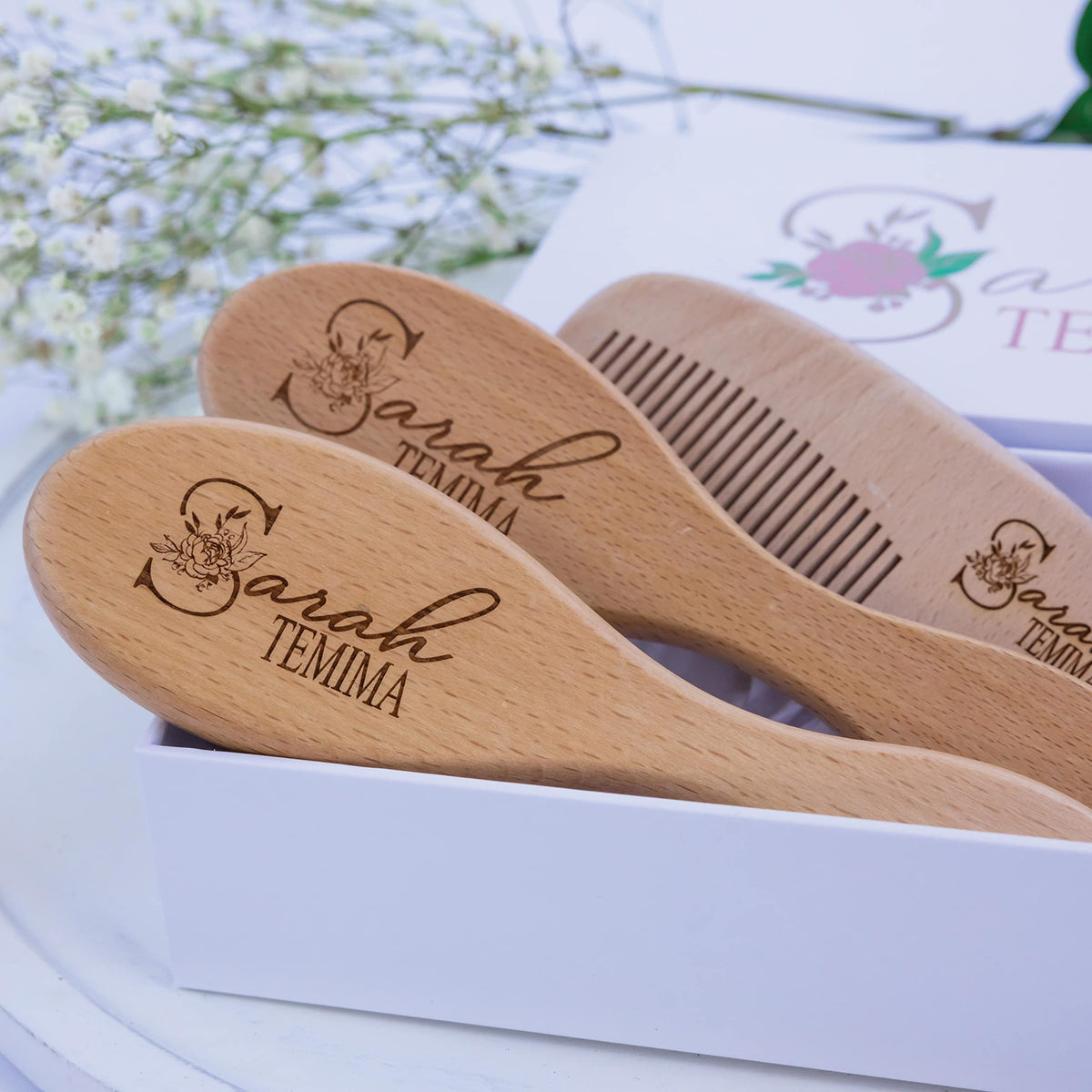 Personalized Wooden Baby Brush Set | Wooden Baby Brush and Comb Set| Personalized Baby Gift | Personalized Baby Gift Girls Girls | Floral Initial Forever Personalized