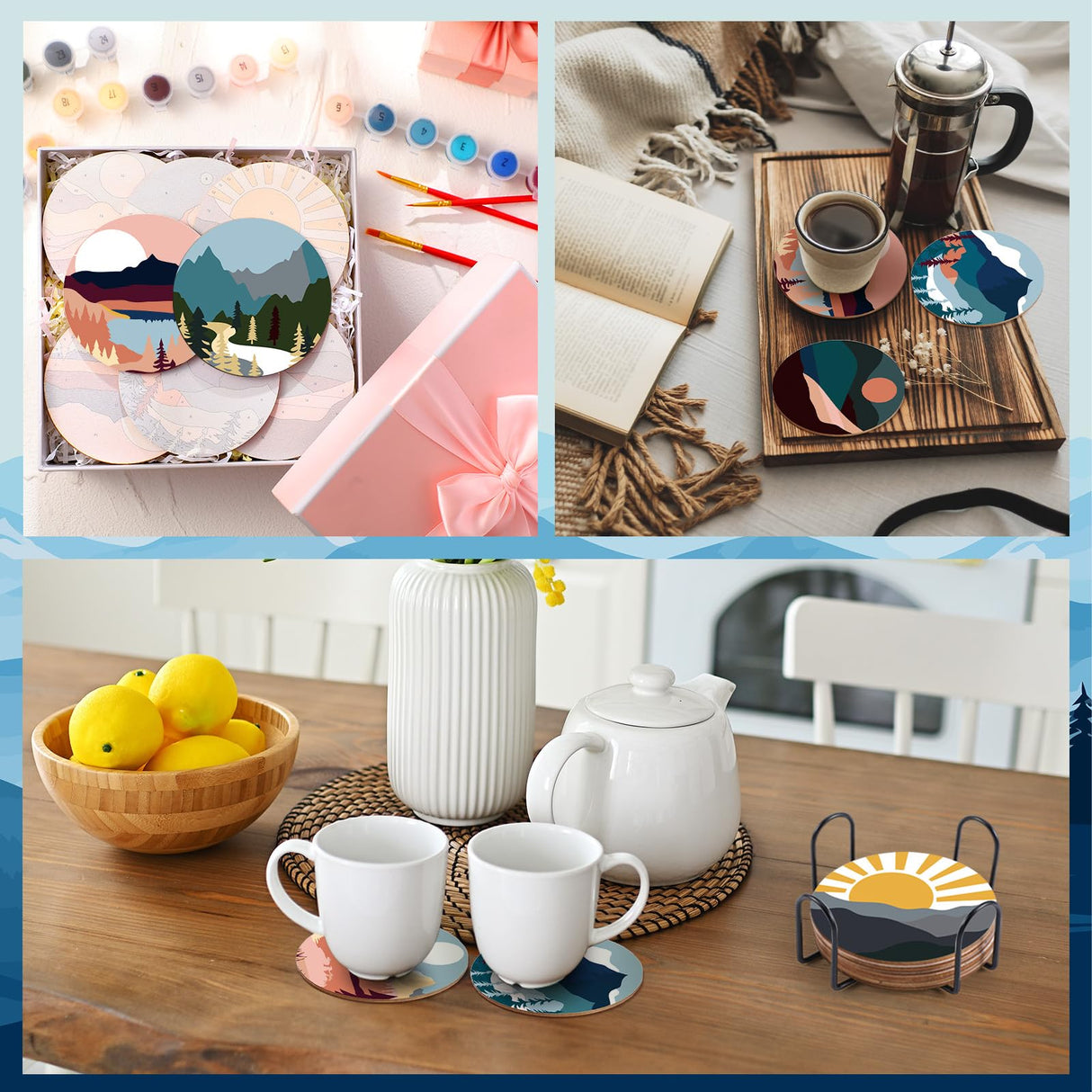 Reallnaive 8 Pcs Mountain Paint by Numbers Kit for Adults Cute Coasters with Holder Mini Paint by Numbers Kits Round Oil Painting Drink Coaster for Small DIY Craft Birthday Gift Reallnaive