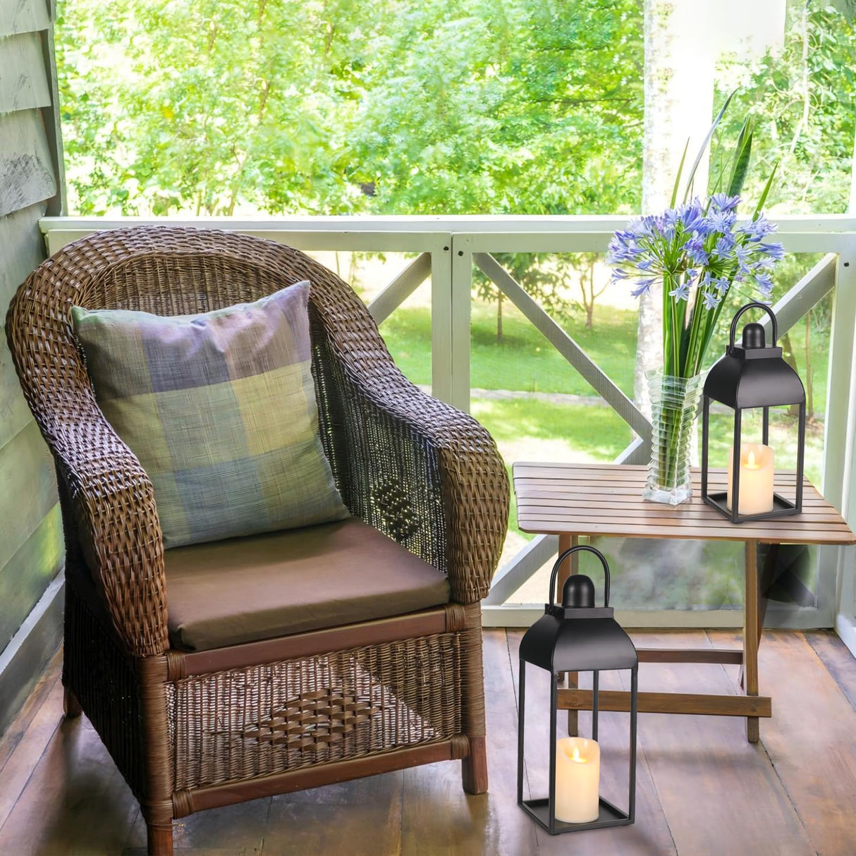 MATAHUM Lanterns Decorative Outdoor Indoor, Black Metal Outdoor Lanterns, 17'' 13'' Set of 2 Modern Farmhouse Candle Lantern Halloween Lanterns Centerpieces for Home, Wedding, Patio, Porch, Mantel MATAHUM