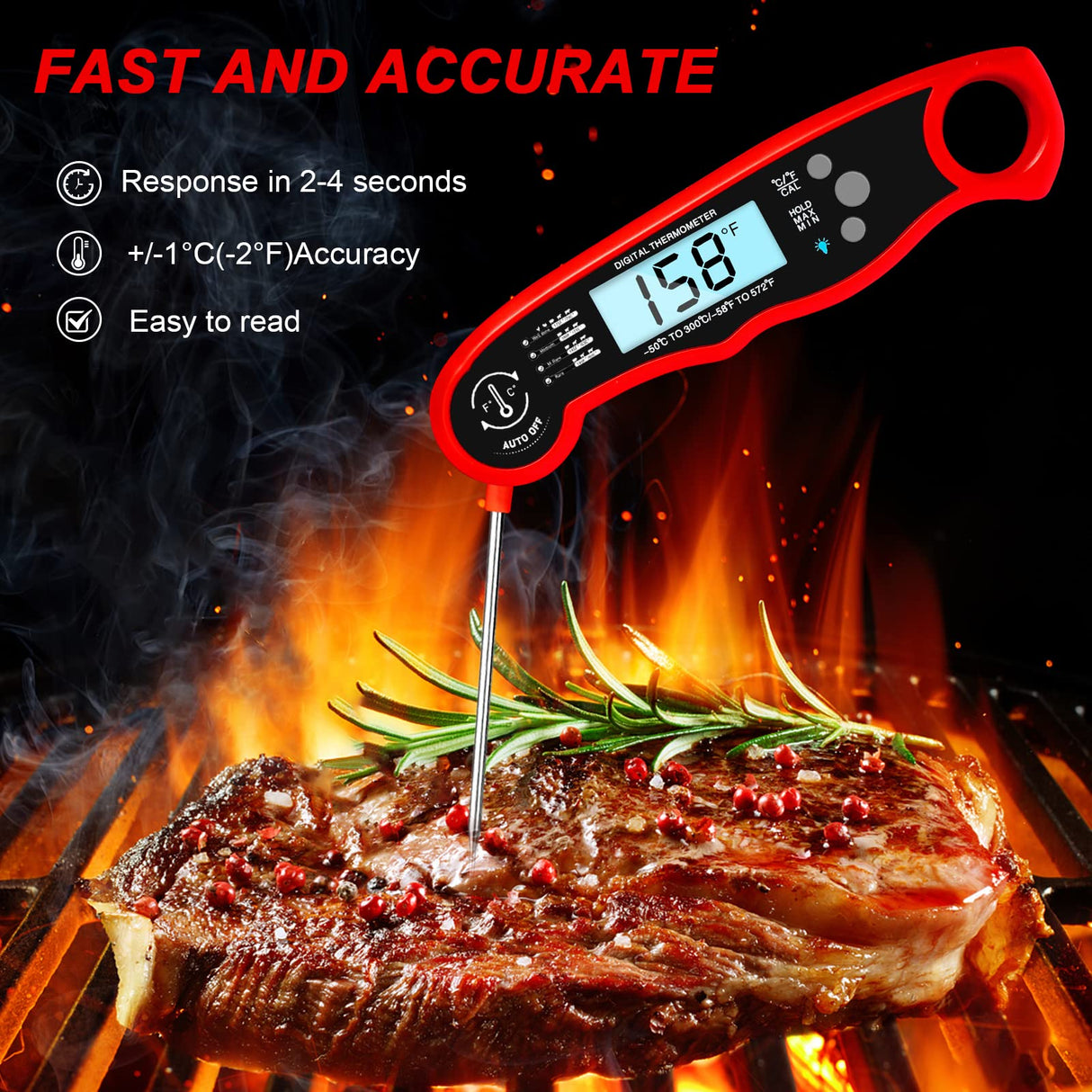 Meat Thermometer Digital for Cooking and Grilling, Collapsible Probe, with Magnet, Calibration, Backlight Waterproof Food Thermometer, Instant Read Thermometer for Kitchen, Meat, Steak, Turkey YPNZXQDX