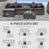 Outsunny 6 Piece Patio Furniture Set Outdoor Wicker Conversation Set All Weather PE Rattan Sectional Sofa Set with Ottoman, Cushions and Tempered Glass Table, Mixed Gray and Gray Outsunny
