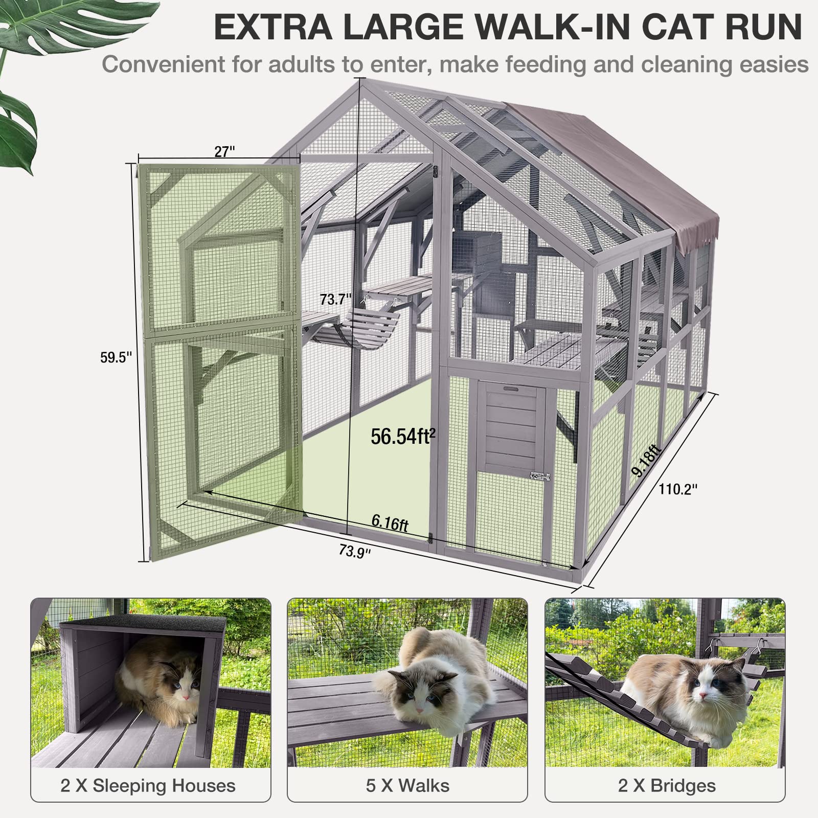 MEDEHOO Large Catio Outdoor Cat Enclosures Wooden Cat House with Sleeping Houses, Bridges, Walks, UV Proof Cover 74" H 110" L - WoodArtSupply