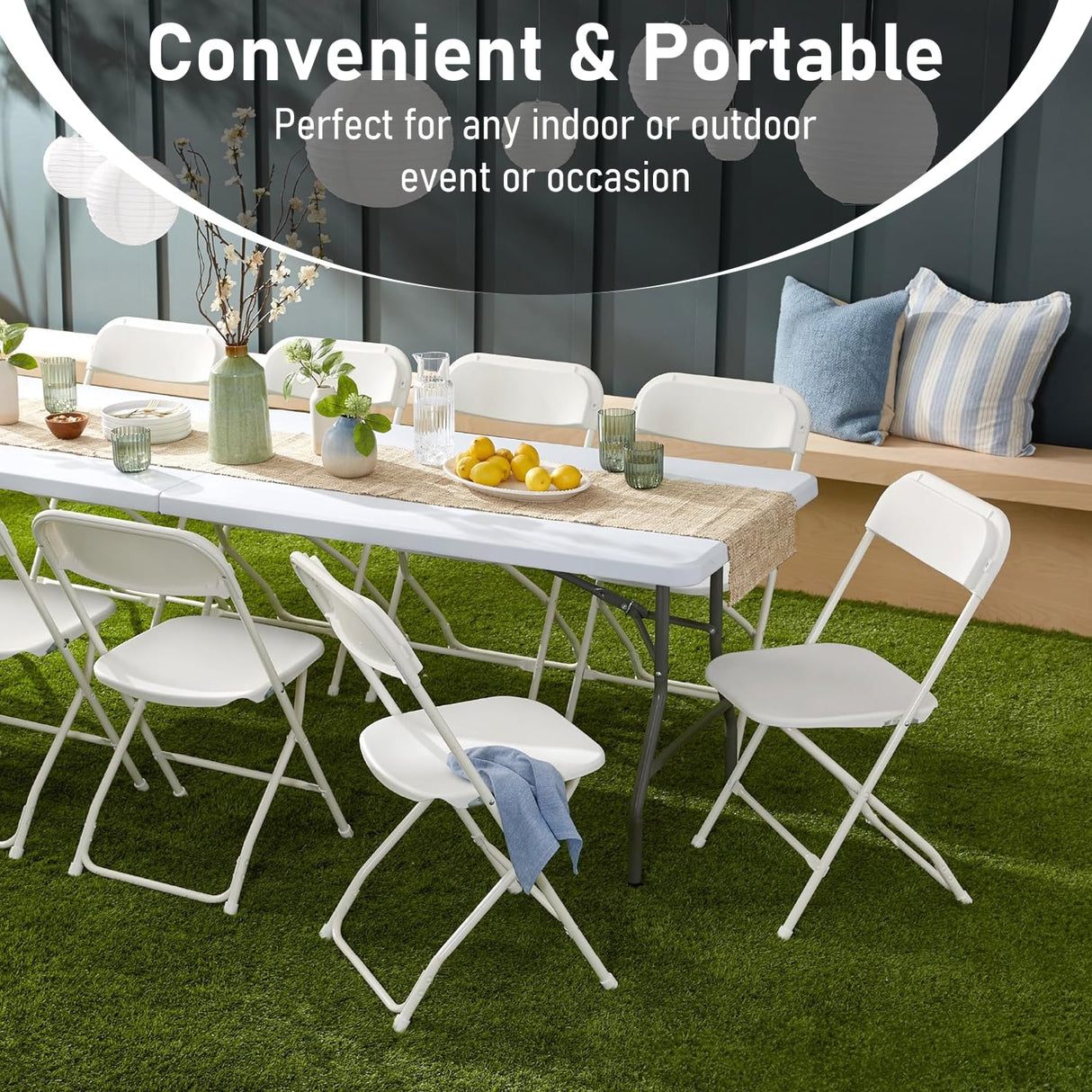 ONUUNPY 6ft Heavy Duty Portable Folding Table - Plastic Dining Table Indoor/Outdoor White Plastic Table for Parties, BBQs, and Camping ONUUNPY