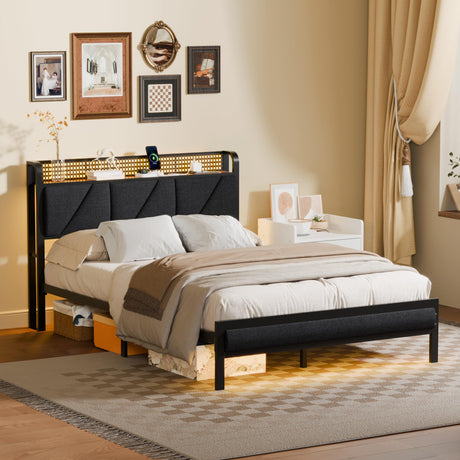 Furnulem Full Bed Frame with LED Lights,Headboard with Charging Station and USB Port,Upholstered Platform Bedframe Metal Support,No Box Spring Needed (Full) Furnulem