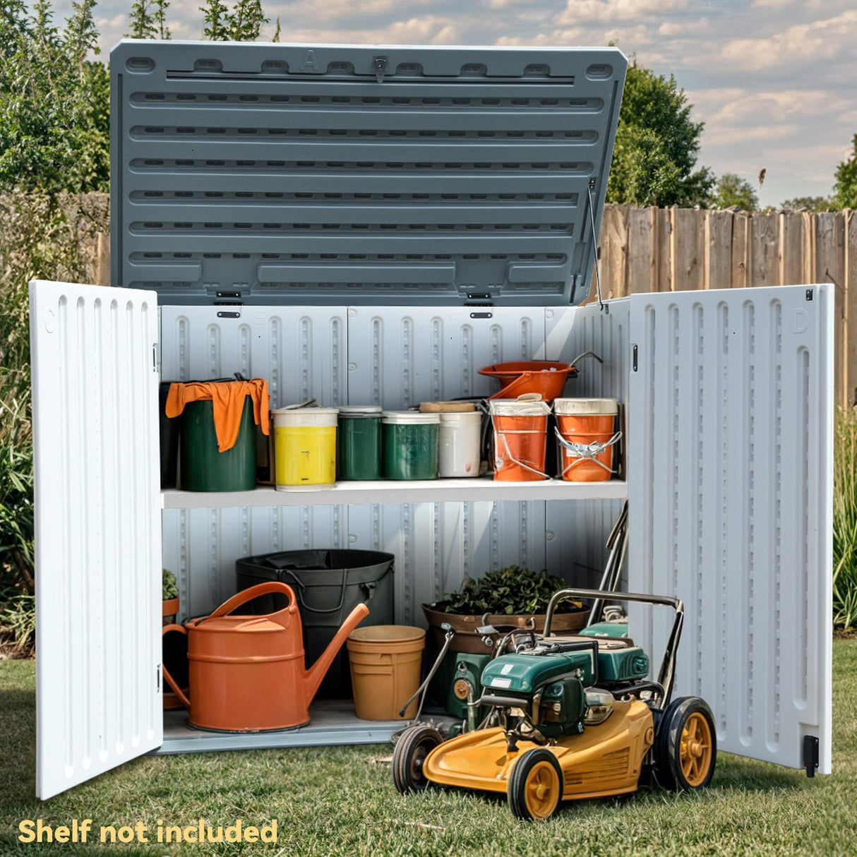 DWVO Outdoor Weather-Resistant Horizontal Storage Shed, 35 Cu Ft Capacity, Lockable and Waterproof, Suitable for Storing Garden Tools, Light Gray DWVO