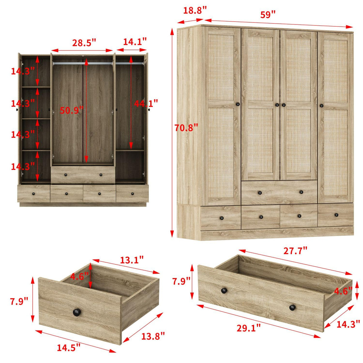 MOUMON 4 Rattan Door Wardrobe with Shelves and Drawers, Armoire Wardrobe with 2 Clothing Rods, Armoires and Wardrobes for Bedroom Oak (59”W x 19”D x 70.9”H) MOUMON