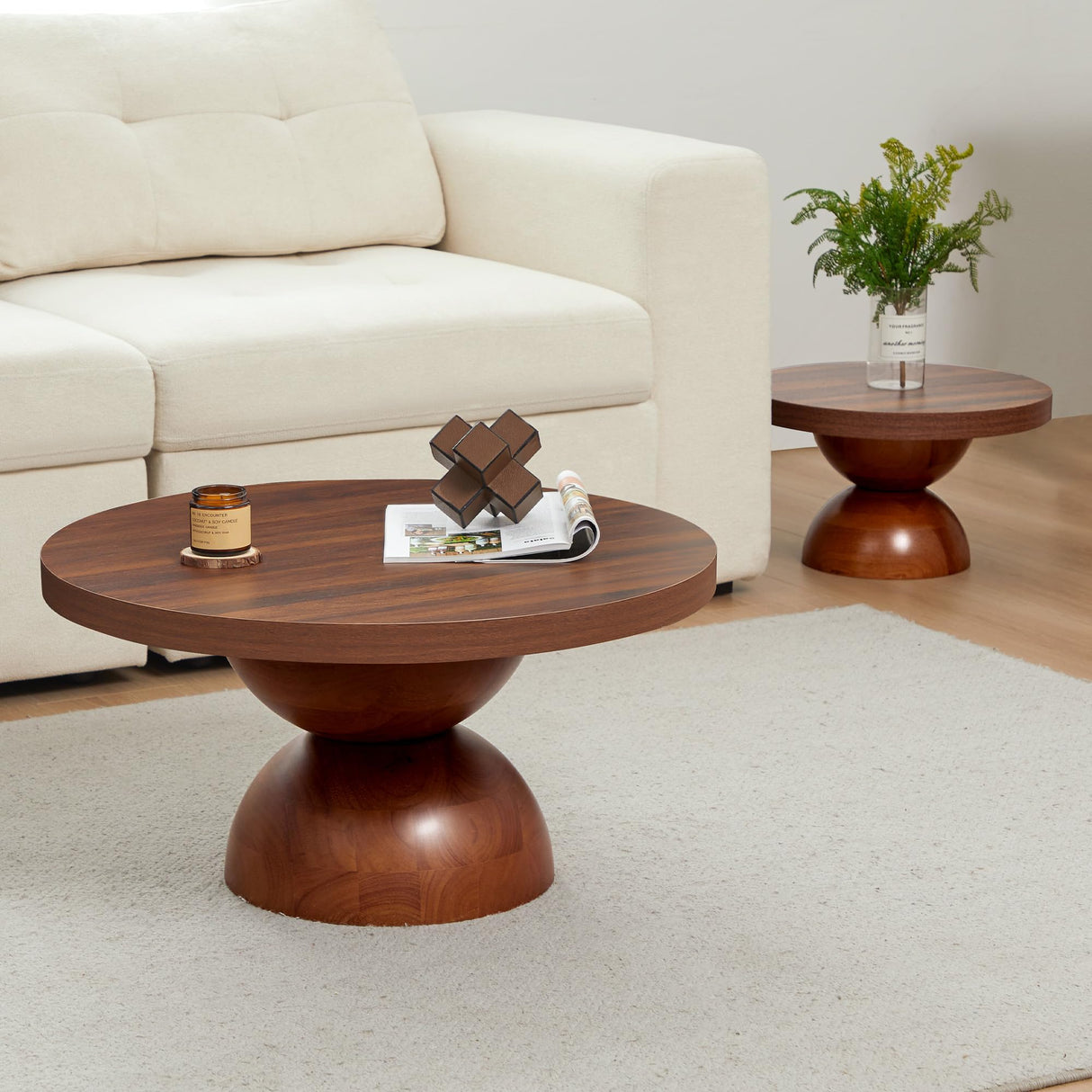 Solid Wood Round Nesting Coffee Table Set of 2, Circle Accent Tables with Unique Semi-Circular Legs, Modern Farmhouse Side End Table Set for Small Space Living Room Office (Walnut) LEVNARY