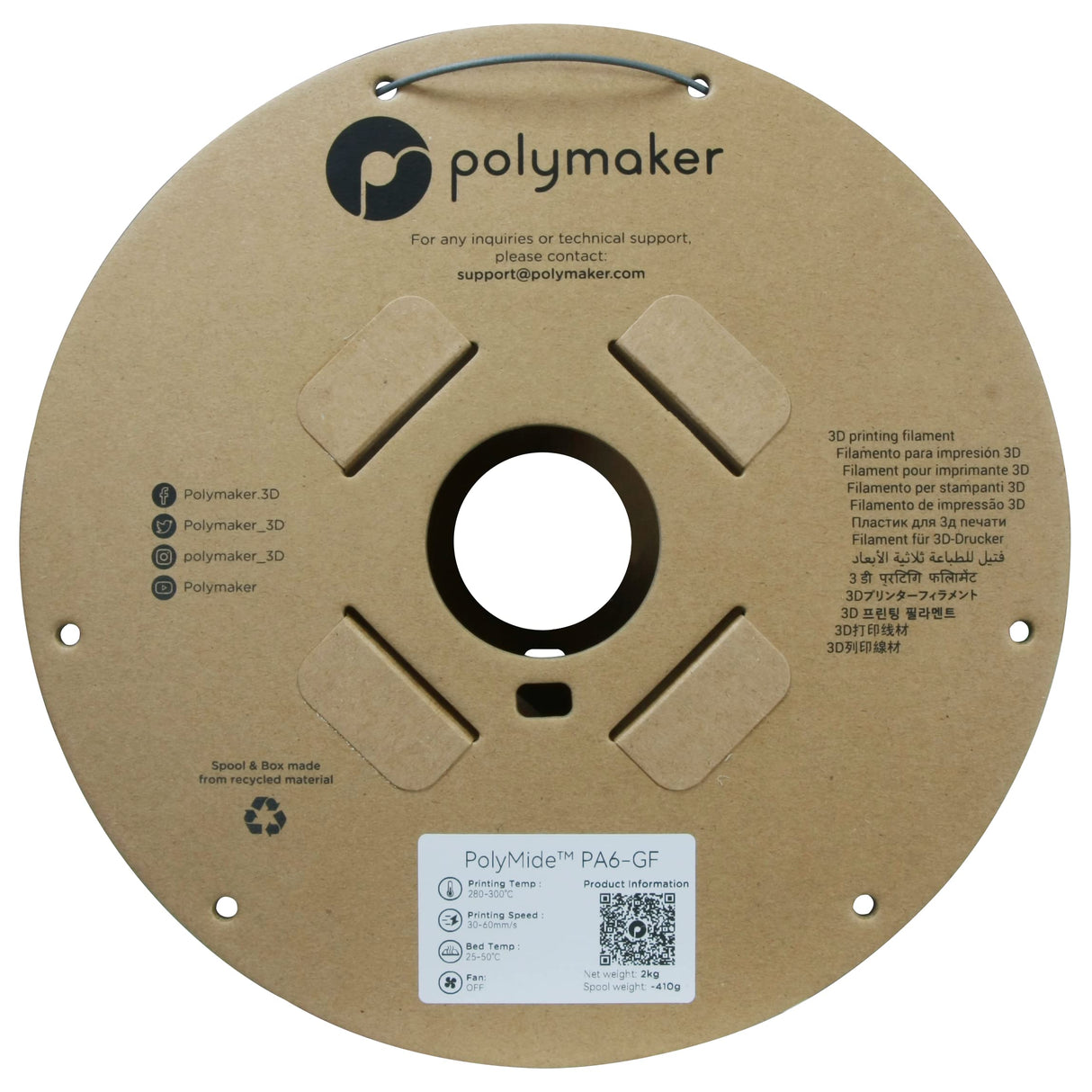 Polymaker PA6-GF Nylon Filament 1.75mm 2kg Grey Glass Fiber Nylon 3D Printing Filament - PolyMide PA6-GF Warp Free 3D Printer Filament POLYMAKER