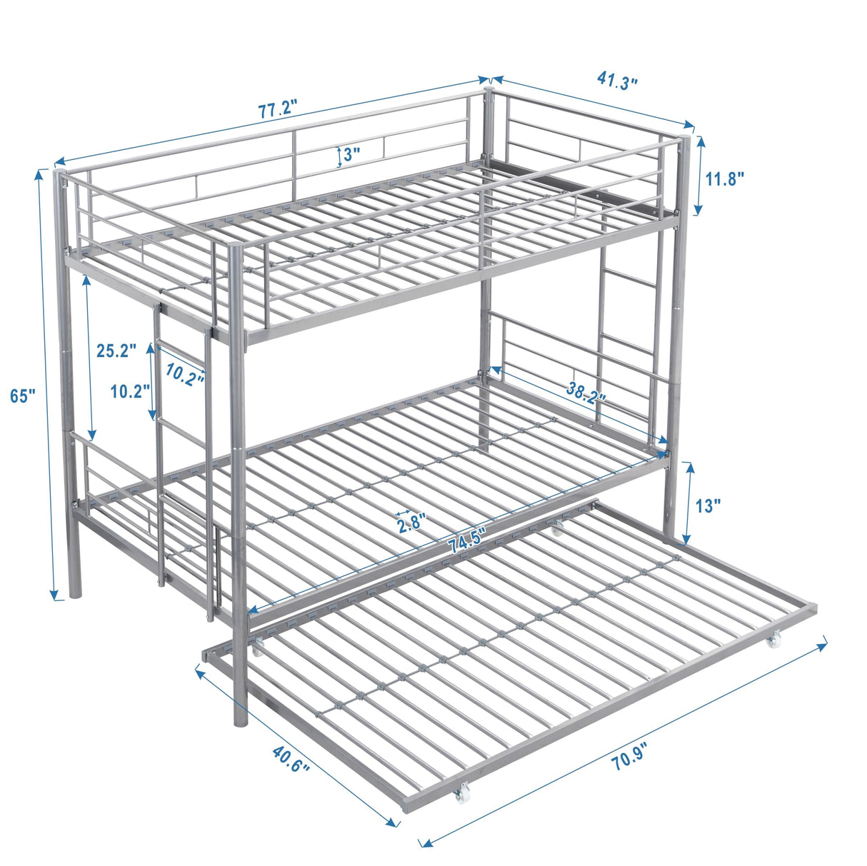 KEIKI Twin Over Twin Size Metal Detachable Bunk Bed Frame with 2 Side Ladder, Trundle and Guardrail, Modern Style Bunk Beds with Slats, No Box Spring Required, Easy Assembly, for Bedroom, Silver KEIKI