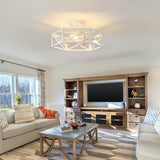 XSDeTu 3-Light Flush Mount Ceiling Light Fixture, Modern Close to Ceiling Light with White Metal Hexagon Cage, Farmhouse Ceiling Light for Bedroom, Hallway, Entry, Foyer, Kitchen XSDeTu