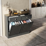 Trash Cabinet Double Tit Out Trash Bin, Dog Proof Hideaway Tilt Out Double Trash Can Holder with Two Drawers, Free Standing Recycling Cabinet for Kitchen Living Room White Double Door Black Halitaa