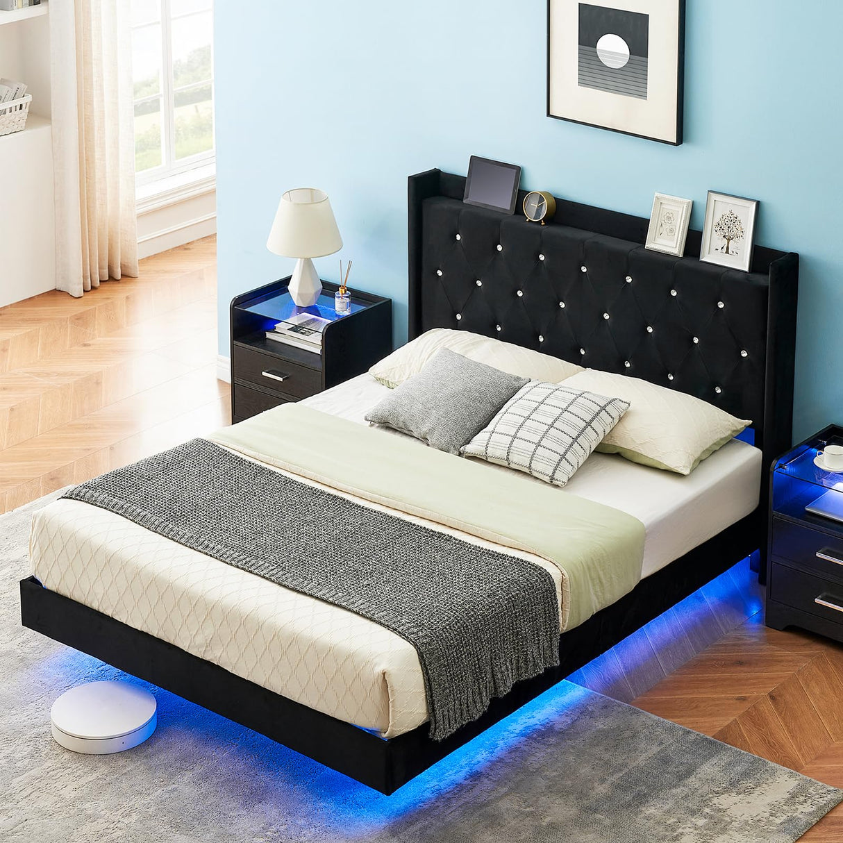 GarveeHome Full Size Floating Bed Frame with LED Lights and Wingback Storage Headboard, Black GarveeHome