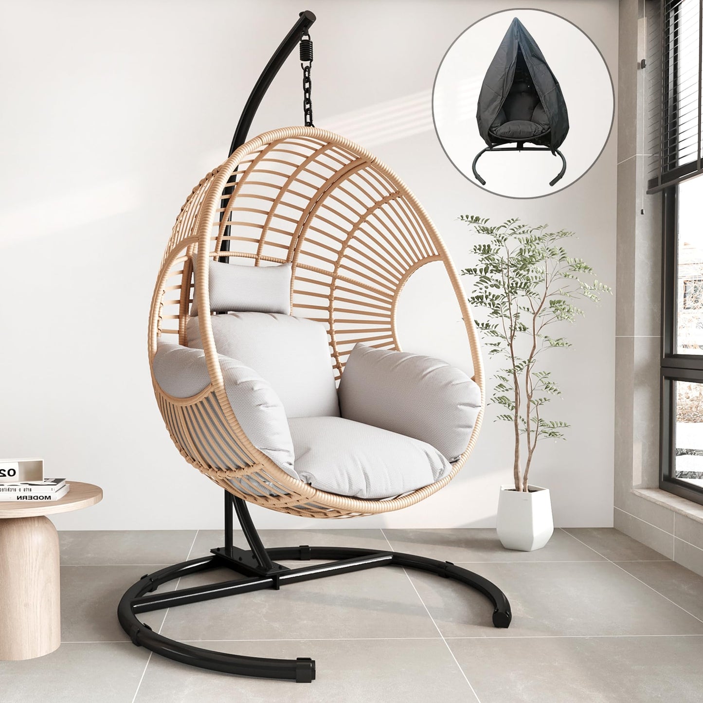 Breezluxe Hanging Egg Chair with Stand - Egg Swing Chair Outdoor Indoor Patio Wicker Chair Swing Hammock Egg Chairs 400lbs Capacity for Outside Patio, Bedroom, Garden and Balcony (Biege) 1