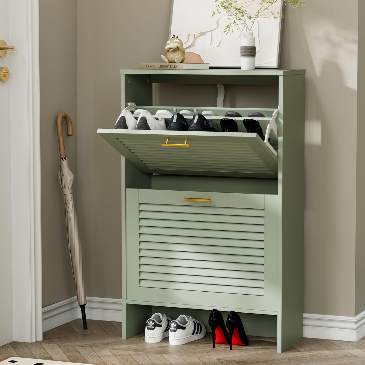 Glavbiku Shoe Storage Cabinet with 2 Flip Drawers, Louvered Shoe Cabinet for Entryway, Narrow Hidden Storage Organizer Space Saving, Shoe Rack Cabinet for Hallway Foyer, Green Glavbiku