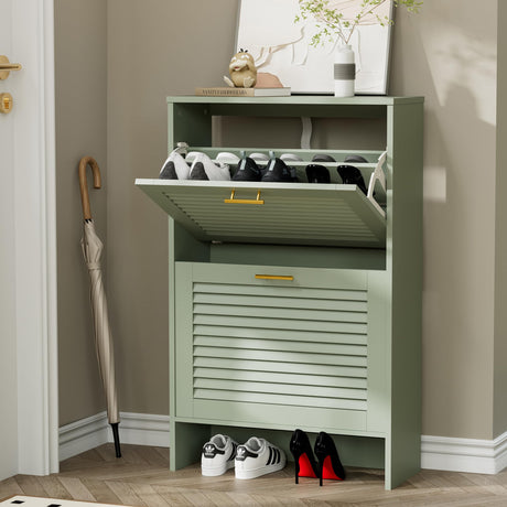 Glavbiku Shoe Storage Cabinet with 2 Flip Drawers, Louvered Shoe Cabinet for Entryway, Narrow Hidden Storage Organizer Space Saving, Shoe Rack Cabinet for Hallway Foyer, Green Glavbiku