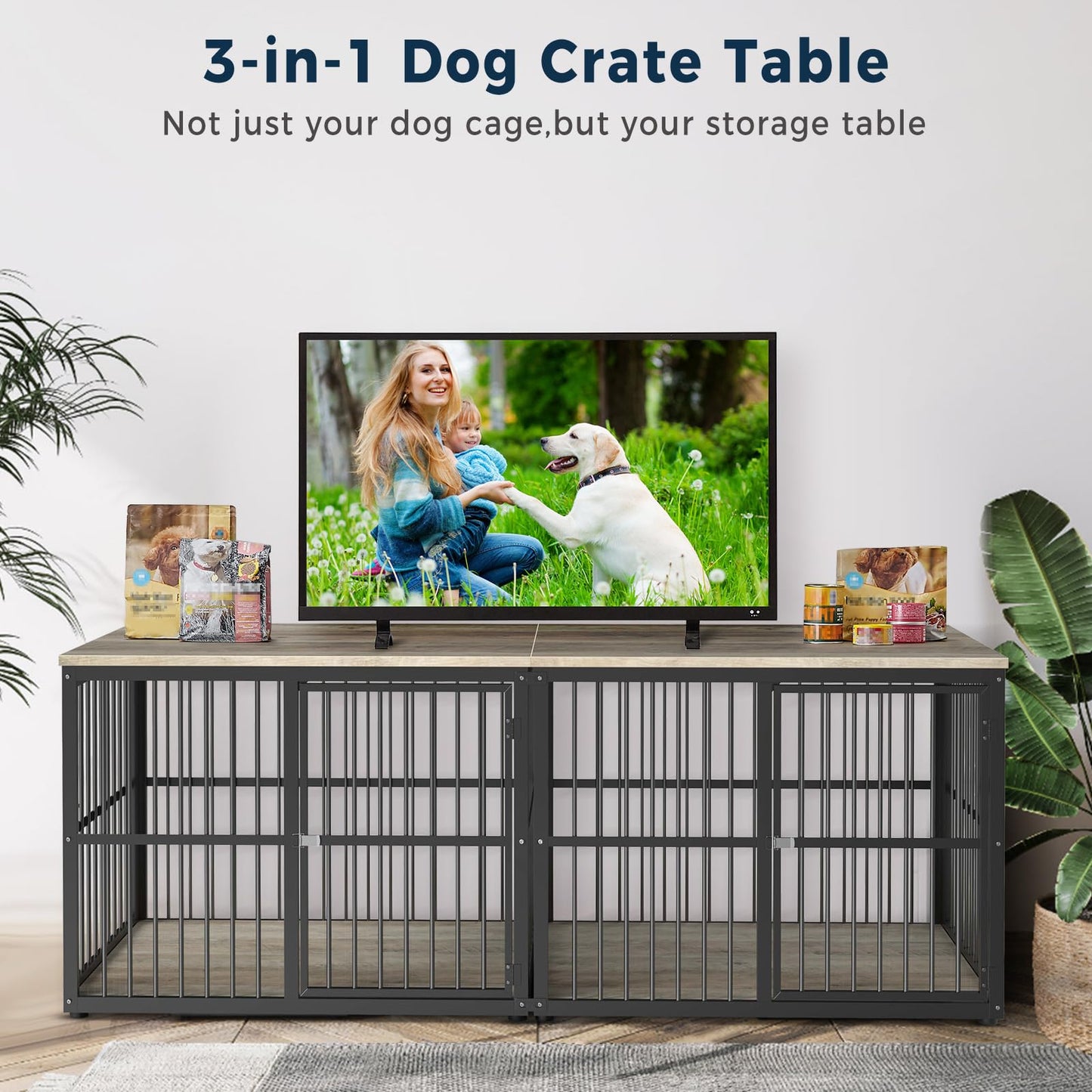 Lyromix 86.62''Dog Crate Furniture Large Breed TV Stand with Double Rooms,Wooden Dog Kennel Dog Crate End Table with Removable Divider for Large Medium Dogs, Can Use Separately - WoodArtSupply