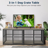 Lyromix 86.62''Dog Crate Furniture Large Breed TV Stand with Double Rooms,Wooden Dog Kennel Dog Crate End Table with Removable Divider for Large Medium Dogs, Can Use Separately Lyromix