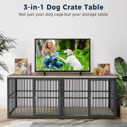 Lyromix 86.62''Dog Crate Furniture Large Breed TV Stand with Double Rooms,Wooden Dog Kennel Dog Crate End Table with Removable Divider for Large Medium Dogs, Can Use Separately - WoodArtSupply