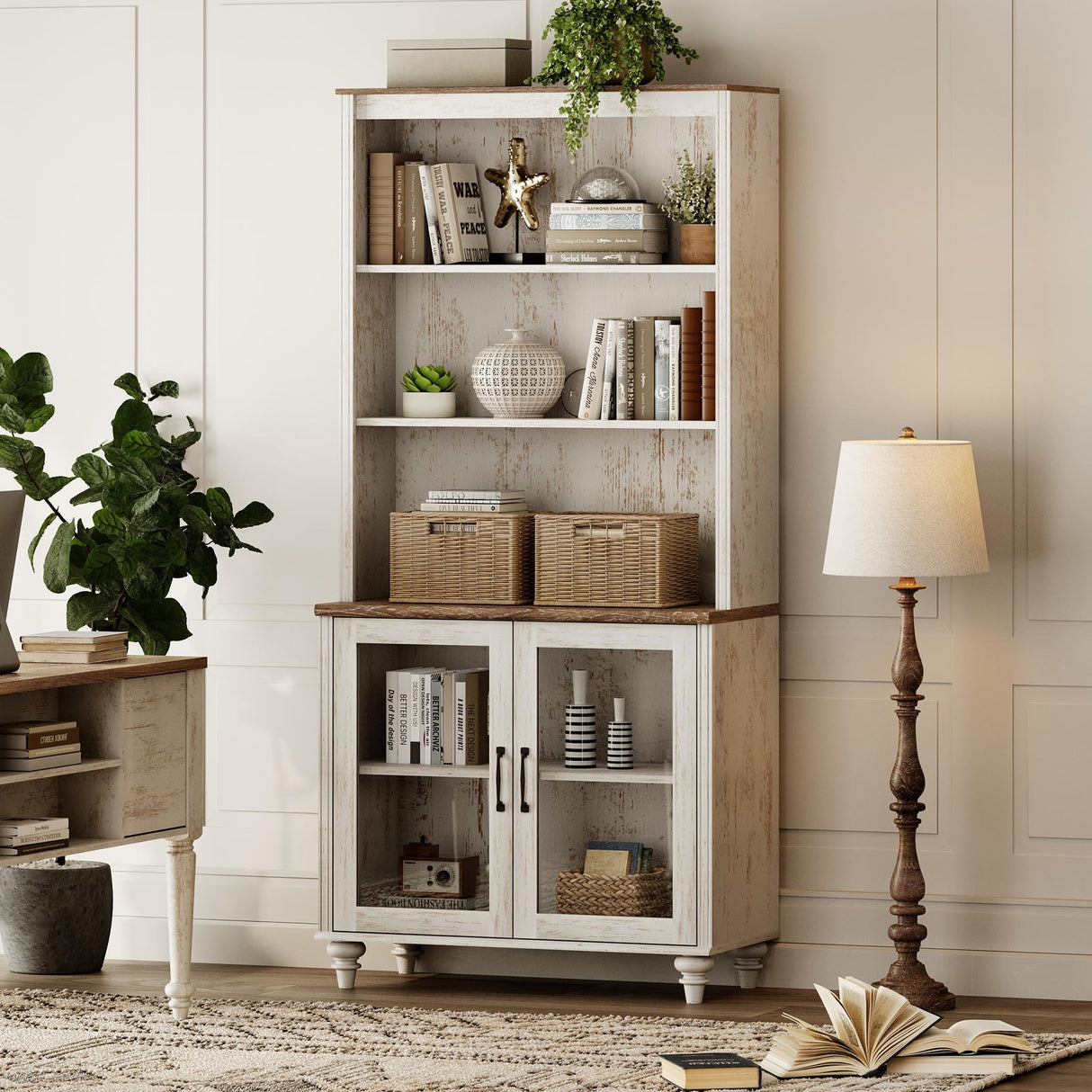 WAMPAT 5 Tier Bookshelf 72" Tall Bookcase with Glass Doors,Large Farmhouse Display Book Shelf with Adjustable Shelves and Storage Cabinet,Library Wood Bookshelves for Living Room,Kitchen, Rustic White WAMPAT