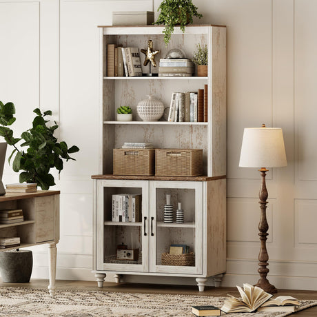 WAMPAT 5 Tier Bookshelf 72" Tall Bookcase with Glass Doors,Large Farmhouse Display Book Shelf with Adjustable Shelves and Storage Cabinet,Library Wood Bookshelves for Living Room,Kitchen, Rustic White WAMPAT