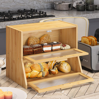 Large Bread Box Double Layer Bamboo Bread Box for Kitchen Counter Container Farmhouse Bread Box Bread Holder Capacity Bread Storage Bin(Natural)