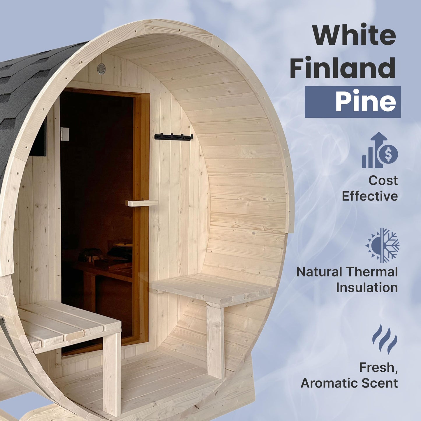 ALEKO Barrel Sauna | Personal Dry Wet Steam Sauna | Indoor Outdoor | White Finland Pine w/Front Porch Canopy | 6-8 Person | UL Certified 8 kW KIP Harvia Heater | - WoodArtSupply