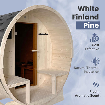 ALEKO Barrel Sauna | Personal Dry Wet Steam Sauna | Indoor Outdoor | White Finland Pine w/Front Porch Canopy | 6-8 Person | UL Certified 8 kW KIP Harvia Heater | - WoodArtSupply