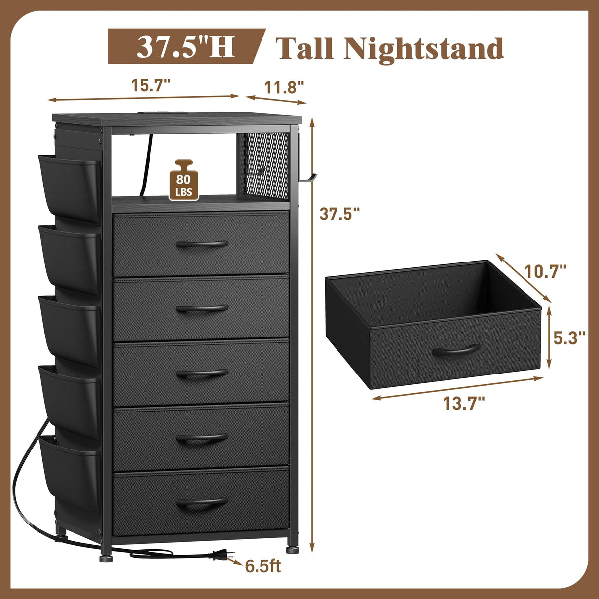 EnHomee Nightstand with Charging Station, Tall Night Stand with 5 Dresser Drawers, LED Nightstands with USB Ports & Outlets, Black Night Stand with Side Bag, Night Stands with Storage Shelf, Bedroom EnHomee