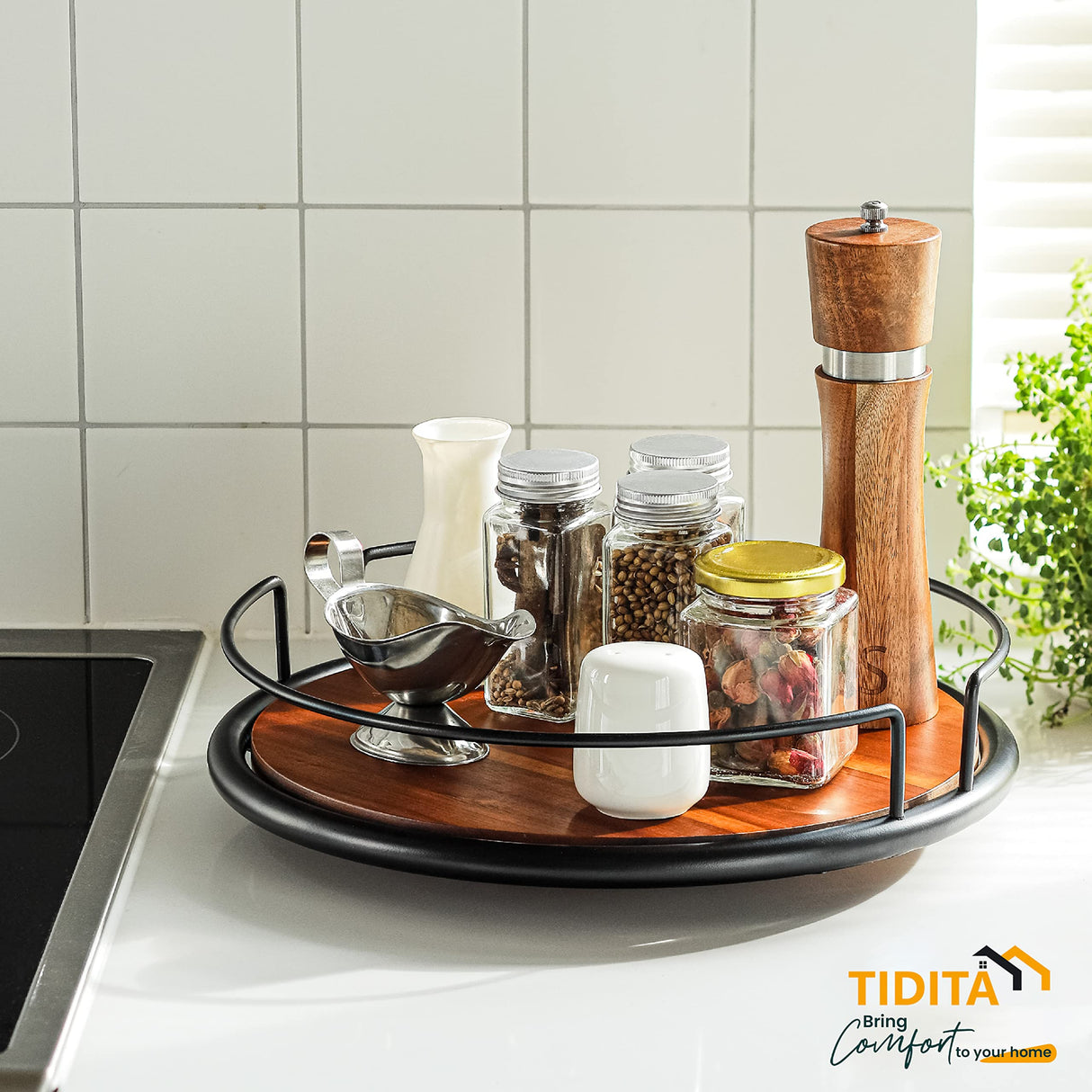 TIDITA 13" Acacia Wood Lazy Susan Turntable with Metal Frame for Table Top - Wooden Serving Tray Rotating for Kitchen Counter - Centerpiece Organizer Storage Food Bin Container for Pantry, Fridge Tidita