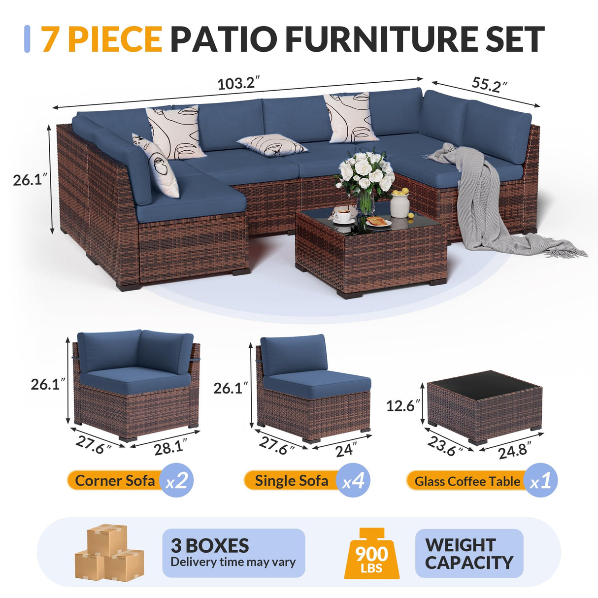 Poteban Patio Furniture Set, 7 Pieces Outdoor Modular Conversation Set Wicker Sectional Sofa for All Weather Rattan Patio Couch for Porch Garden Backyard Balcony Poolside (Blue) Poteban