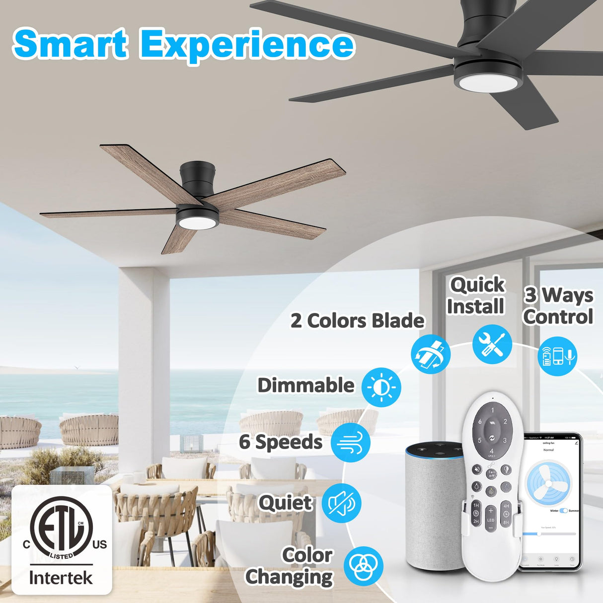 52" Smart Wood Low Profile Ceiling Fan with Lights Remote,Outdoor Indoor Flush Mount Ceiling Fans,Controll by Voice WIFI Alexa App,Quiet DC Motor,Modern Black Walnut Fan for Bedroom Living Room Patio Lorpies
