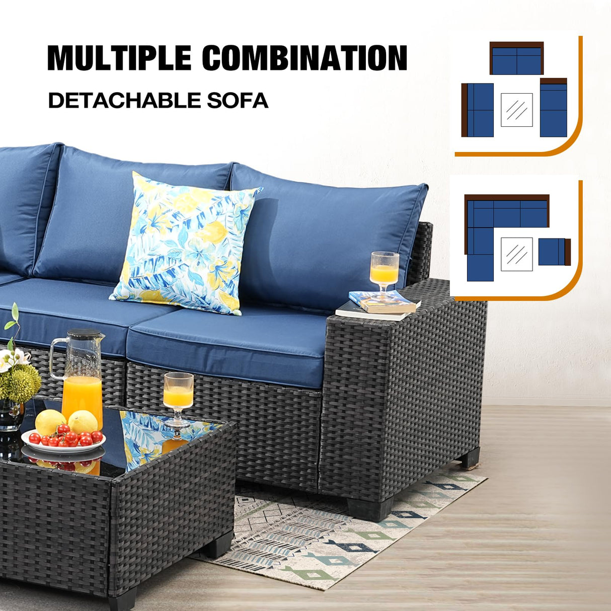 JOYURE 7 Pieces Patio Furniture Set All-Weather Outdoor Wicker Sectional Conversation Sofa Rattan Patio Seating Sofa with Cushion and Glass Table and Ottoman for Porch Poolside,Navy JOYURE