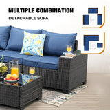 JOYURE 7 Pieces Patio Furniture Set All-Weather Outdoor Wicker Sectional Conversation Sofa Rattan Patio Seating Sofa with Cushion and Glass Table and Ottoman for Porch Poolside,Navy JOYURE