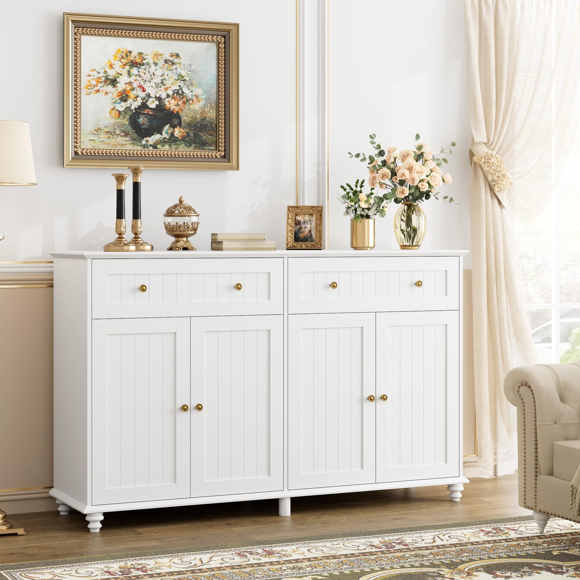 finetones Buffet Cabinet with Storage, 55.1” Large Sideboard Buffet Cabinet, White Kitchen Cabinet Display Cabinet with 2 Drawers and 4 Doors, Wood Coffee Bar Cabinet for Kitchen Dining Room - WoodArtSupply