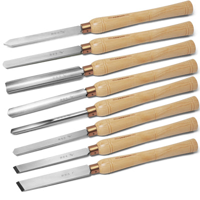 BMWOOD 8pcs HSS Wood Lathe Chisel Set, Turning Tools with Wooden Box, Parting Tool, Spear Scraper, Skew Chisel 1" and 5/8”, Spindle Gouge, Round Nose Scraper, Bowl Gouge, Roughing Gouge.