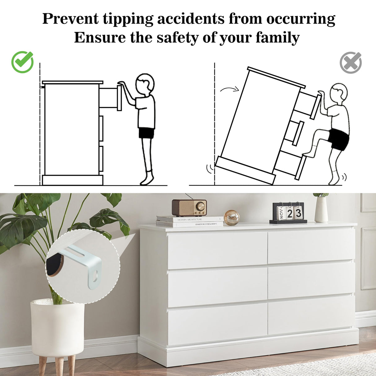 Alaxgumrol White Bedroom Dresser Modern 6 Drawers Dressers Wood Organizer Wide Dresser & Chest of Drawers Storage for Living Room, Entryway, Hallway Alaxgumrol