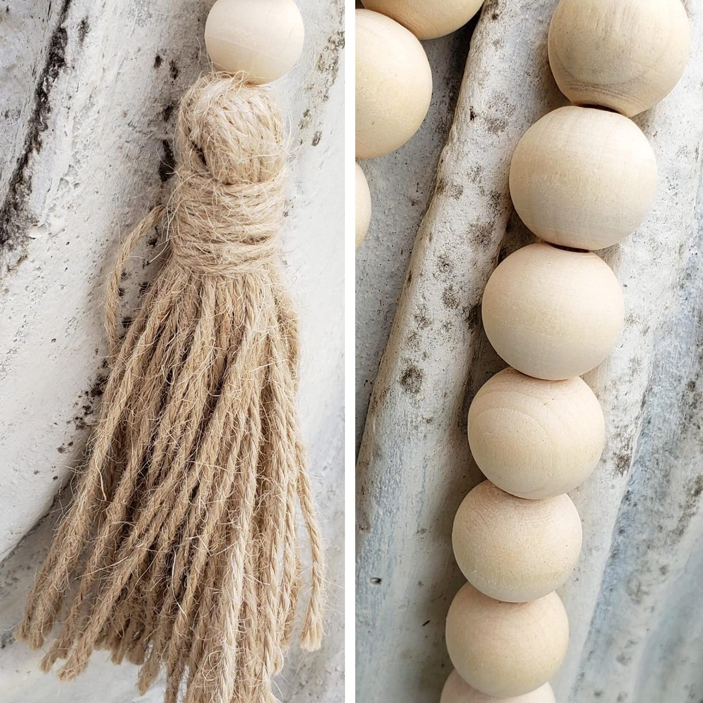 DECORKEY Farmhouse Wood Beads Garland Decor, 2 Pack 58 Inch Wooden Beads for Boho Home Decor with Tassels, Rustic Country Decor for Coffee Table, Wall, Shelf, Tray, Vase, Living Room, Bedroom