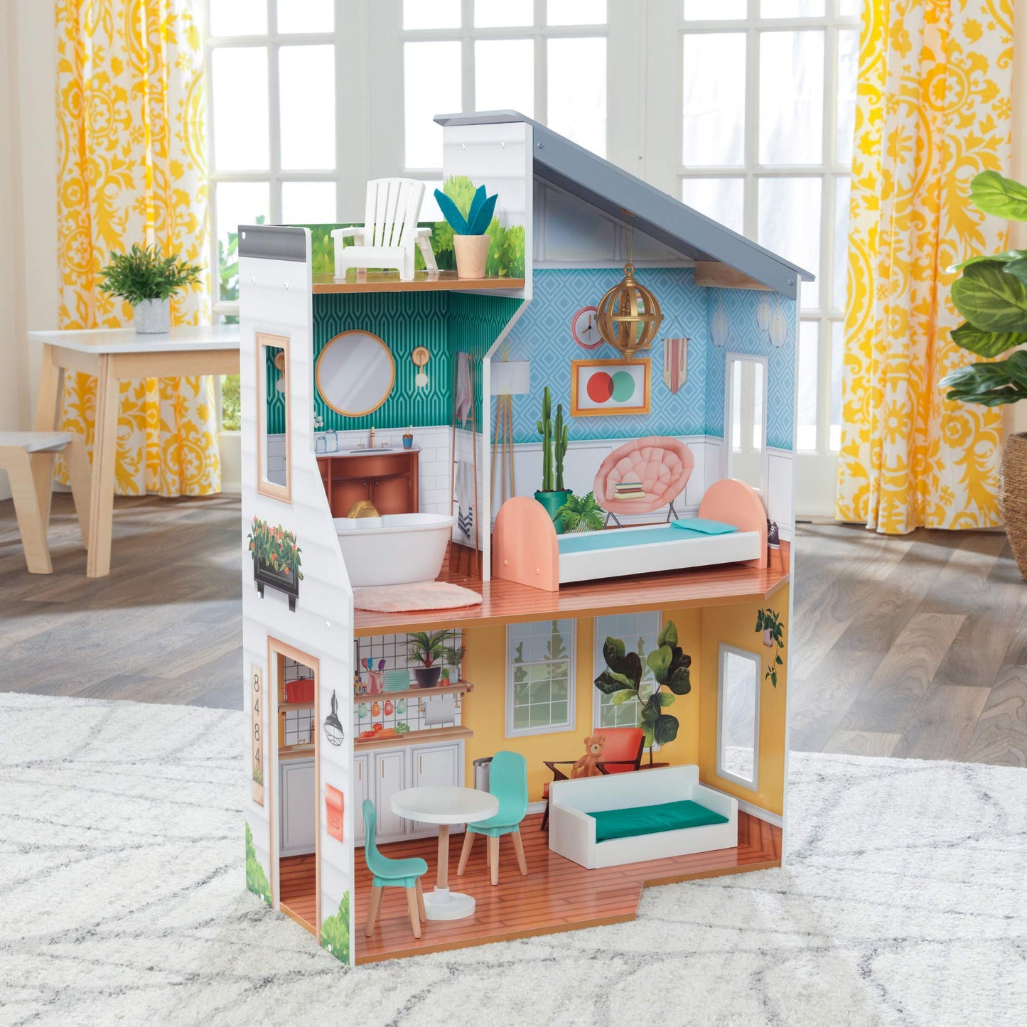 KidKraft Emily Wooden Dollhouse with 10 Accessories Included, for 12" Dolls, Gift for Ages 3+