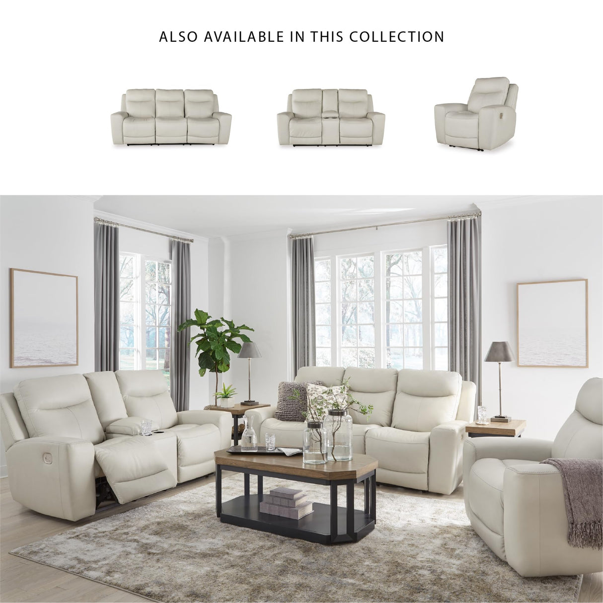 Signature Design by Ashley Mindanao Modern Leather Match Power Reclining Sofa with Adjustable Headrest and USB Ports, Light Gray Signature Design by Ashley