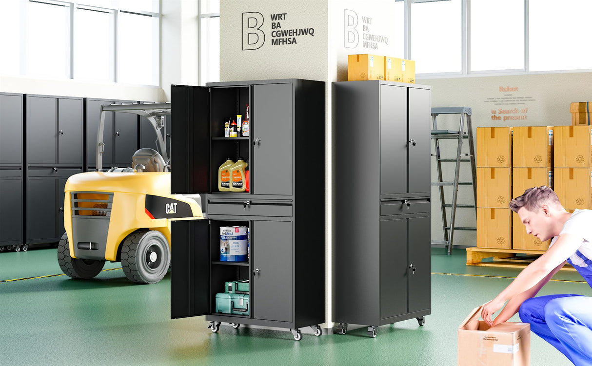 ZAOUS Metal Storage Cabinet, Heavy Duty Garage Cabinet on Wheels, 72'' Tall Storage Cabinets Tool Cabinet with Doors and Shelves for Home Office Utility Room, Black ZAOUS
