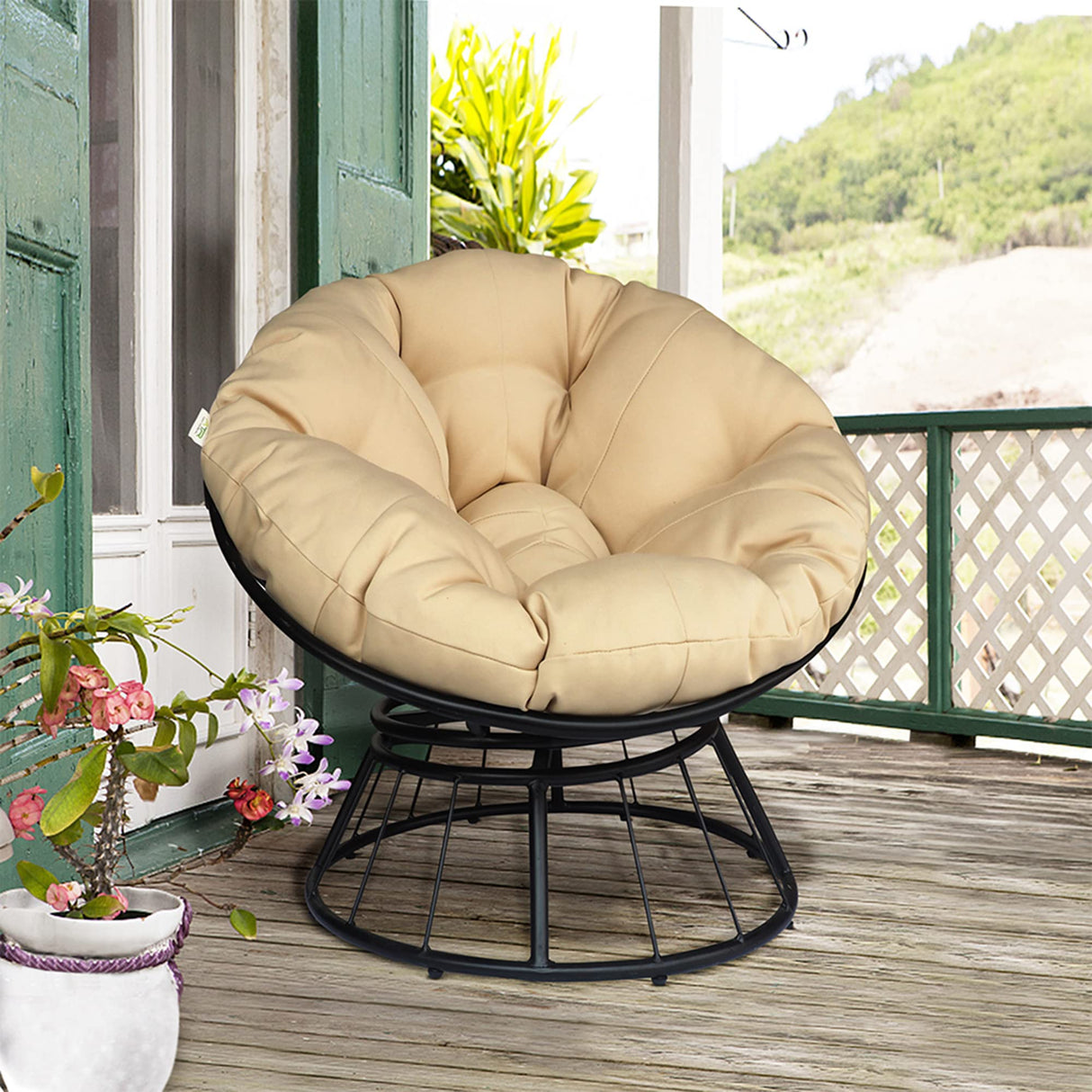 Skypatio Papasan Chair Swivel Patio Chair with Fluffy Cushion, Indoor/Outdoor Lounge Moon Chair Balcony Seats for Home, 35inch, Khaki Cushion Skypatio