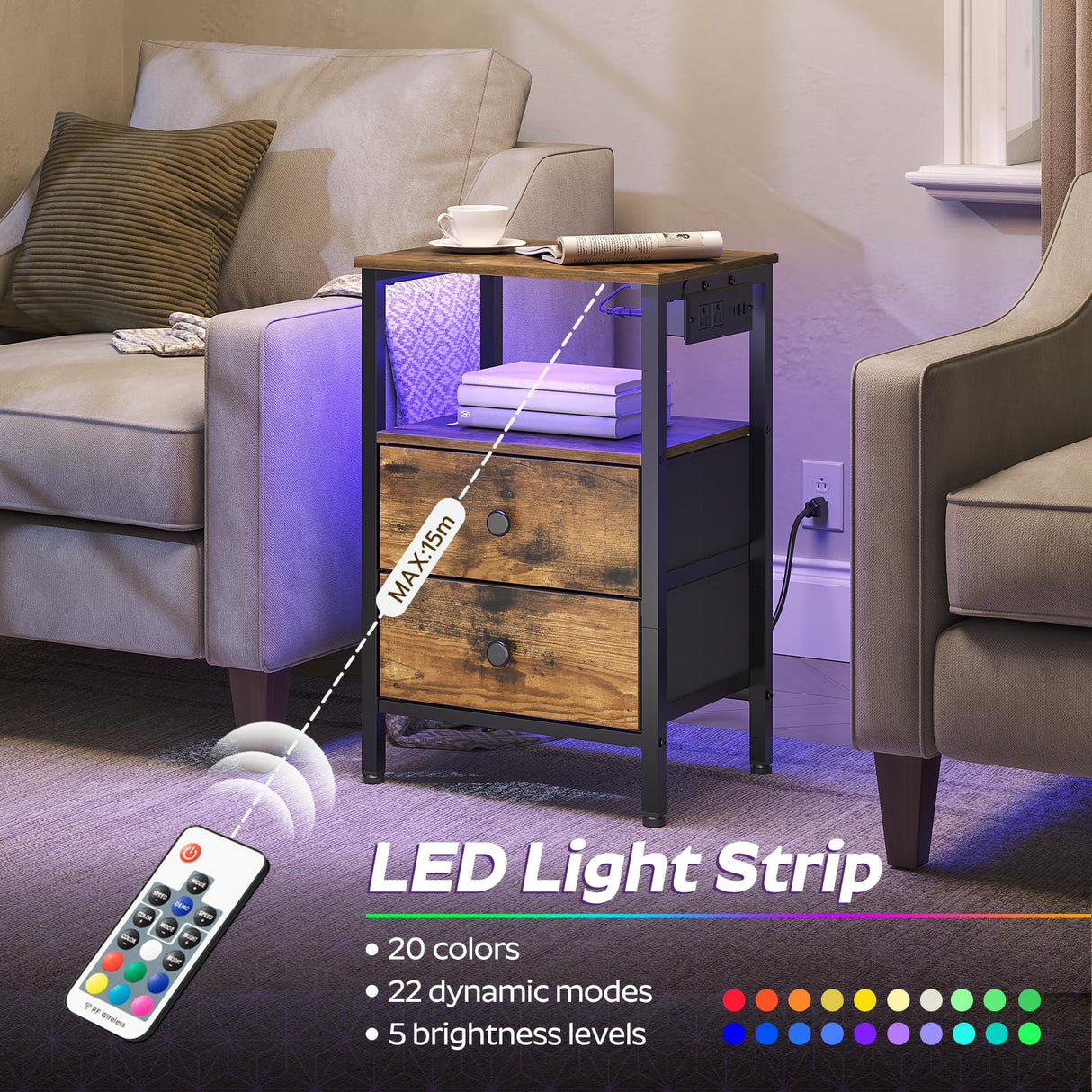 YATINEY Nightstands with Charging Station, Night Stand Set of 2 with LED Lights, Side Table with 2 Non-Woven Drawers, End Table Bedroom, Bedside Tables for Bedroom, Rustic Brown and Black ET12L2BR YATINEY