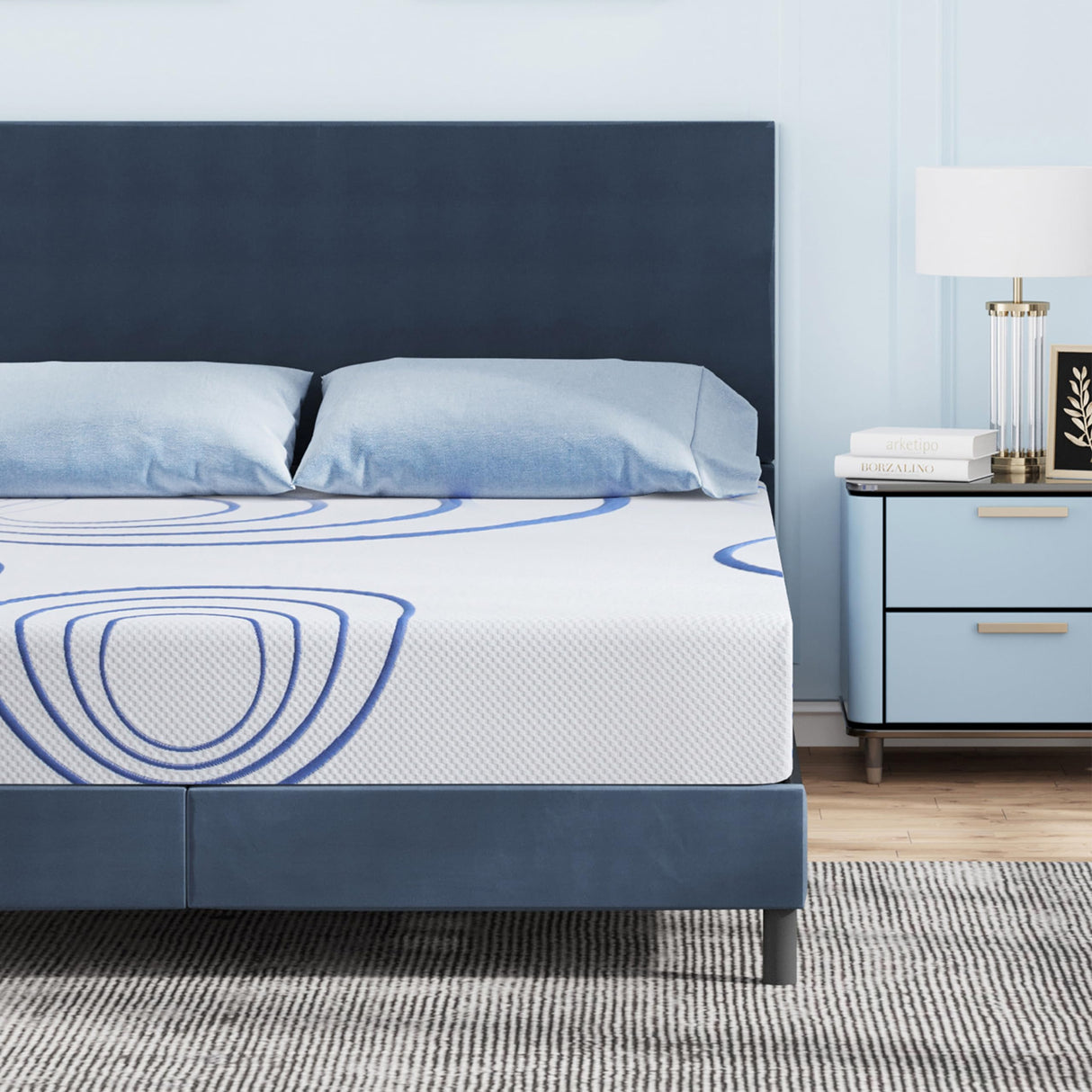 EGOHOME Twin Mattress for Kids, 8 Inch Charcoal Gel Cooling Memory Foam Bunk Bed Mattress in a Box, Medium Fiberglass Free Mattress Made in USA, CertiPUR-US Certified, Blue MLILY