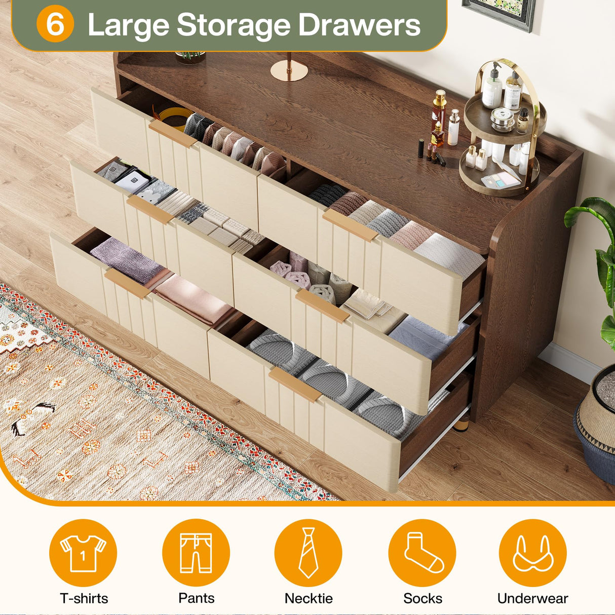 Tribesigns 6-Drawer Double Dresser, Modern Chest of Deep Drawers, Wooden Storage Dresser Organizer with Gold Metal Handles & Sturdy Legs, Large Storage Cabinet for Bedroom, Living Room, Brown & Oak Tribesigns