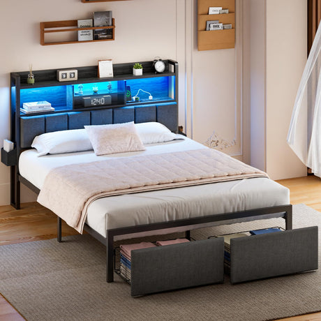 Furnulem Full Size Bed Frame with Headboard, Bed Frame Full Size with Storage Drawers, Charging Station and LED Lights, Metal Platform No Box Spring Needed, Upholstered Headboard, Noise Free, Black Furnulem