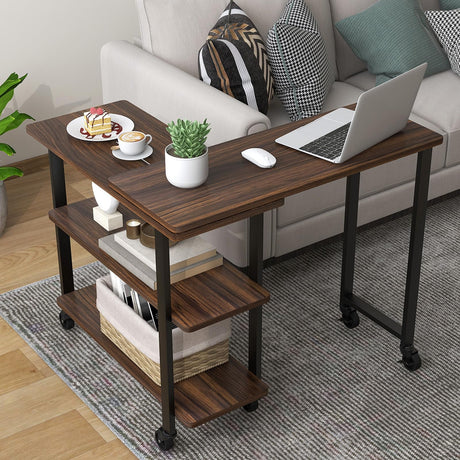 Giantex 360° Free Rotating Sofa Side Table, Patented Mobile End Table with 2-Tier Storage Shelves, Movable Laptop Table w/ 6 Universal Casters, Couch Table Snack Table for Home Office, Walnut Giantex